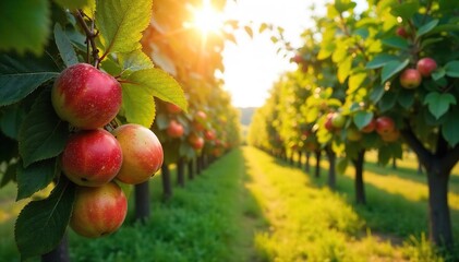 Fototapeta premium Sun-drenched orchard overflowing with ripe, ready-to-harvest fruit hanging heavy on the branches A picturesque scene of abundant summer bounty , red, harvest