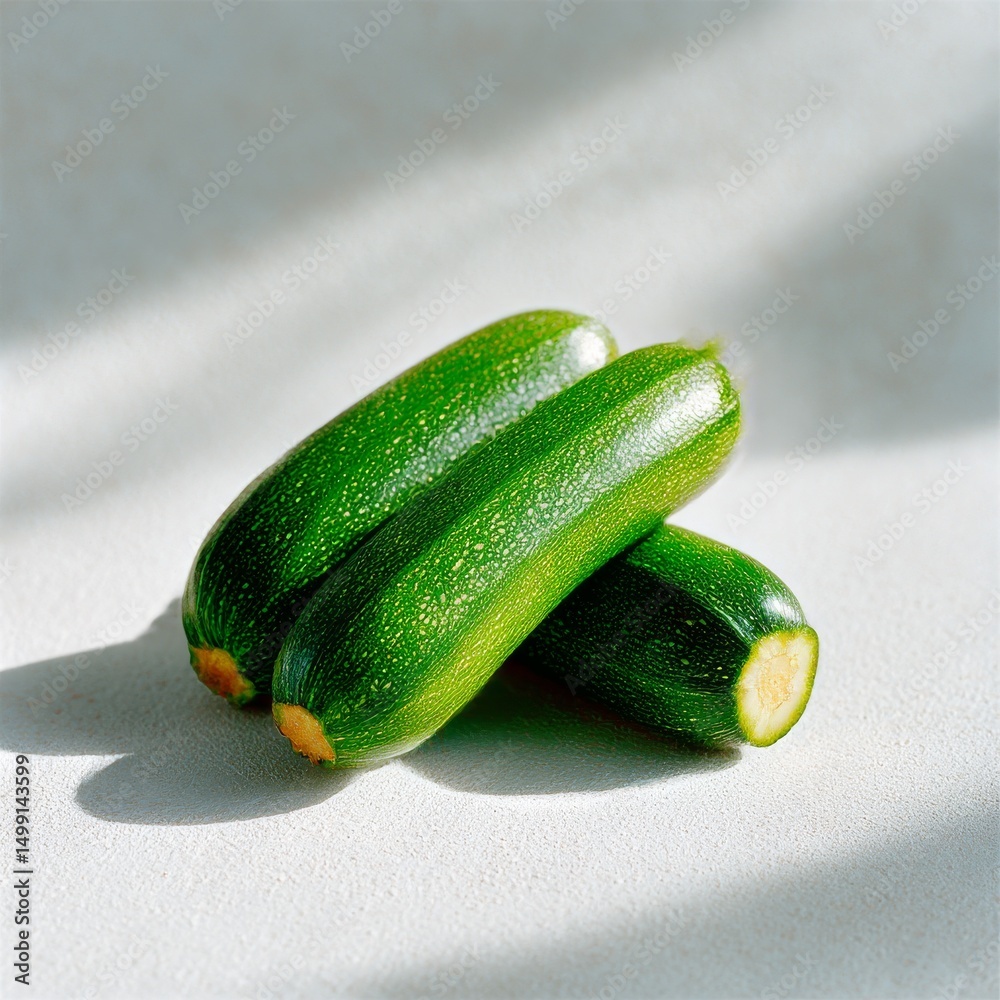Poster fresh zucchinis stacked on textured white surface with sunlight and shadows emphasizing natural text