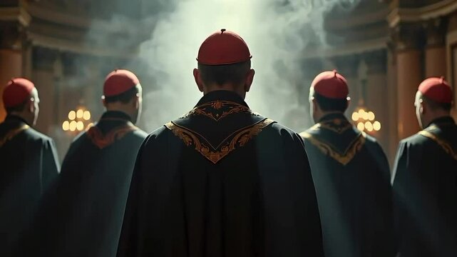Cardinals in Smoke-Filled Cathedral During Religious Ceremony
