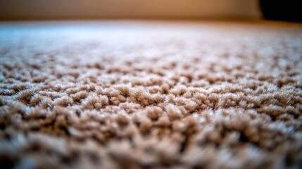 Close-up beige carpet texture, home interior, blurred background, flooring