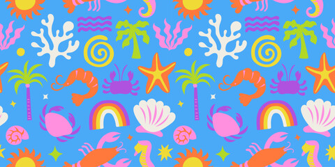 Vector seamless pattern with hand drawn elements, sea, ocean and vacation vibe, abstract cartoon background for textile, wallpaper, stationery, decorative gift paper, banners and prints