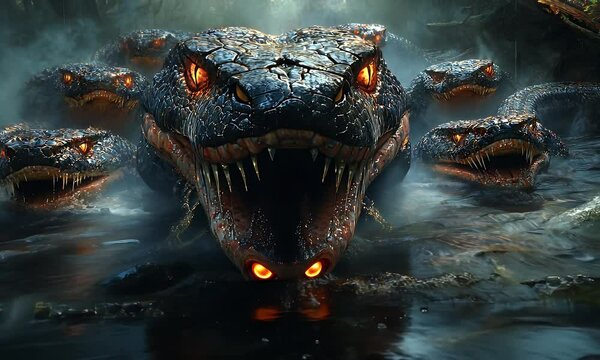 A multi-headed snake emerging from water, with glowing eyes and dark, textured scales