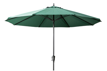 Obraz premium Green patio umbrella, outdoor garden sunshade canopy with metal pole and ribs, folded parasol accessory for terrace isolated on Transparent Background