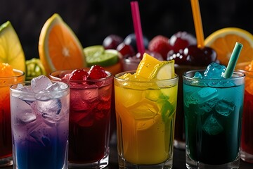 Three different colored drinks served in elegant glasses with straws and garnishes perfect for a summer party.generative.ai