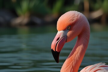 A flamingo is standing on a lake background, pink flamingo portrait.generative.ai
