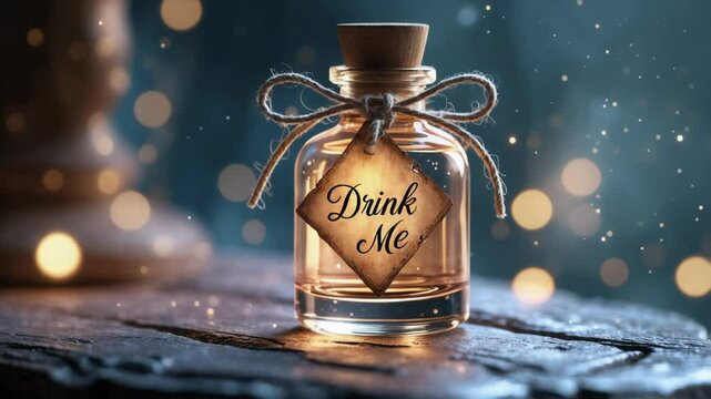Small glass bottle with a cork stopper and a vintage tag labeled "Drink Me" tied with twine. Placed on a rustic wooden surface, surrounded by glowing magical bokeh lights.