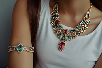 Generative AI : Beautiful girl with set jewelry . Woman in a necklace with a ring,generative.ai