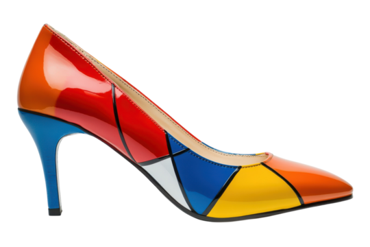 High Heel Shoe Art Deco Style Colorful Design Fashionable Orange Yellow Red Blue Footwear on transparent background