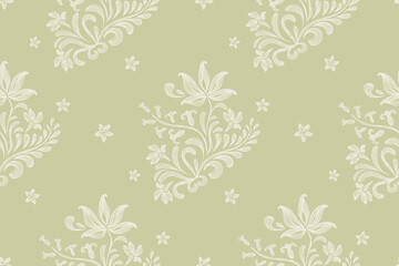 Vintage floral ethnic tapestry modern embroidery texture boho design vector illustration hand drawn silhouette white flower motif branches leaves wallpaper seamless green background border.