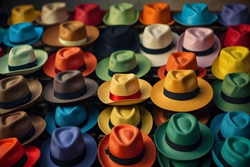 A collection of various straw hats displayed for sale at a market, showcasing different styles and colors.generative.ai