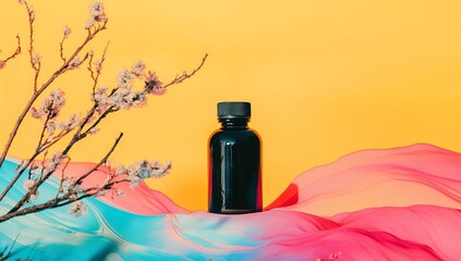 Black bottle with spring branch, and vibrant backdrop.