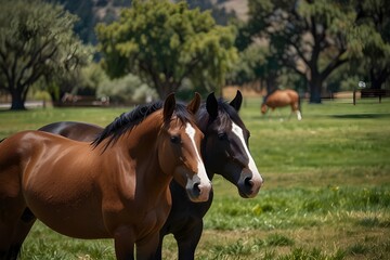 Two horses graze in green meadows. Aerial view of a beautiful mountain summer landscape.generative.ai