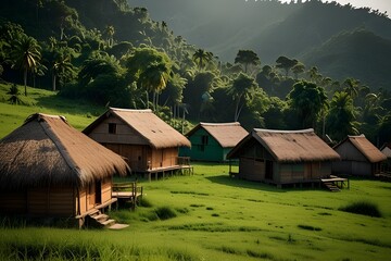 Beautifully weathered New Zealand timber barn, nestled in a lush green valley with rolling hills.generative.ai