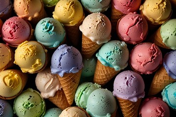 An appealing display of ice cream cones in different flavors. This playful image showcases delicious treats for summer. Ideal for dessert shops or food promotions.generative.ai
