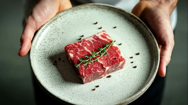 Chef holding plate with fresh Kobe beef filet, slow motion video