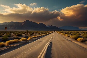 Asphalt highway road and green mountain with sky clouds at sunset.generative.ai
