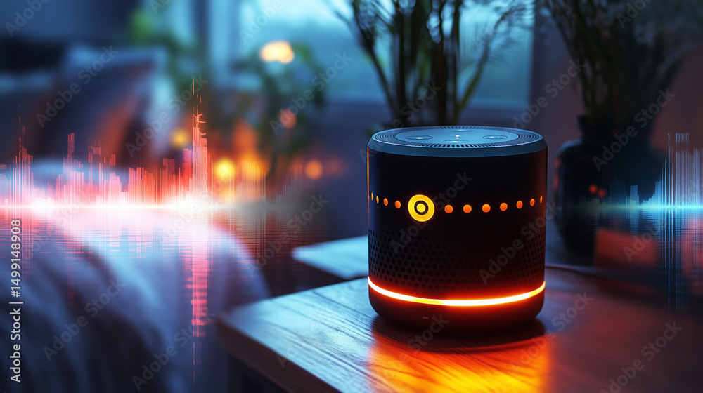 Poster a smart assistant device sits on a wooden table, emitting vibrant sound graphics. warm light from ne