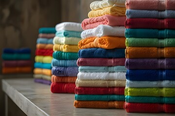 Clean folded colorful towels. Hygiene and cleanliness theme.generative.ai