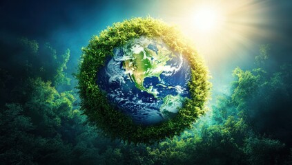 Naklejka premium a realistic planet earth made of lush green forests, with the sun shining on it from above