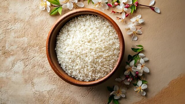 A bowl of uncooked white rice surrounded by petals evokes natural, wholesome food themes in a clean kitchen setting.
