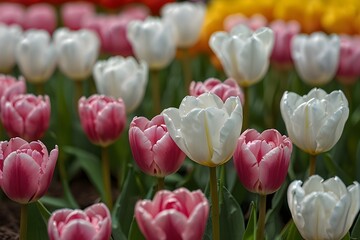 beautiful pink and white tulips spring template background. tulip flowers blooming in sunlight on blurred green background. spring time. postcard beauty decoration concept design.generative.ai