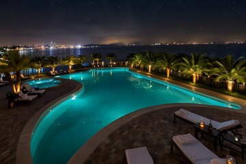 Luxurious outdoor pool area at a modern home. Evening view.generative.ai