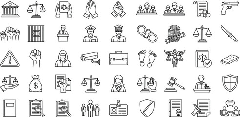 Law and justice icon set. Containing judge, court, legal, lawyer, judgement, jury, crime, prison, police, attorney, gavel and more. Editable line icons.