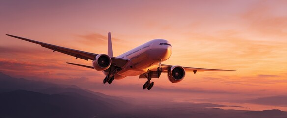 The airplane soaring through a colorful sunset sky over tranquil waters