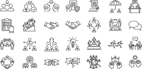 Partnership icon set. Containing business, agreement, cooperation, conversation, teamwork, documentation, work group and more. Editable line icons.