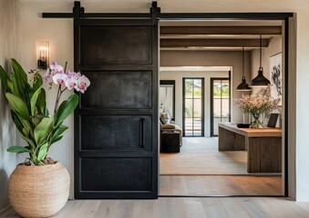 Modern, spacious entryway with black barn door,  orchid, and  natural light