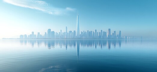Fototapeta premium Sunrise over a futuristic coastal city skyline