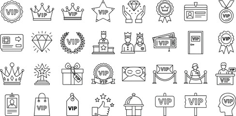 VIP icon set. Containing crown, diamond, quality, vip card, exclusive, customer, red carpet, laurel, victory, star, service, benefit and more. Editable line icons.
