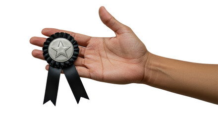 Isolated Hand Holding Black Ribbon Award with Star