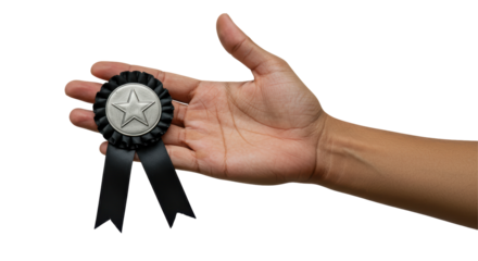 Isolated Hand Holding Black Ribbon Award with Star