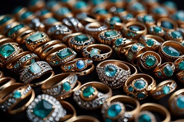 A collection of small blue gemstone rings neatly arranged.generative.ai