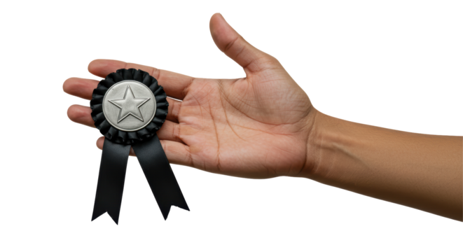 Isolated Hand Holding Black Ribbon Award with Star