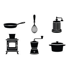 Kitchen tools in monochrome fry pan whisk stovetop pot and mills illustrate vintage culinary charm