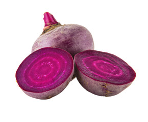 Fresh purple turnips sliced for healthy meal preparation, cut out transparent