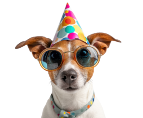 Dog wearing party hat and sunglasses for fun celebration, cut out transparent
