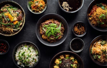 Assorted asian dishes served in dark bowls on a dark surface.