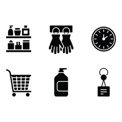 Navigating Daily Life Essentials for Cleaning Shopping and Time Management in Simple Black Icons on