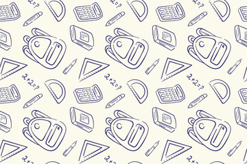 Naklejka premium Doodle style back to school seamless pattern with stationery supplies, exercise book, calculator, backpack, ruler on a beige background.