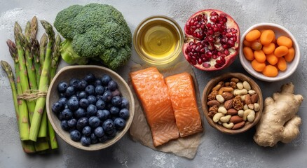 Assorted healthy foods arranged on a surface.