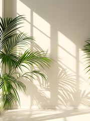 Fototapeta premium Palm leaf shadows create patterns on a white wall and a pastel cream floor. An artistic summer mock-up featuring abstract palm leaf shadows. A light-toned tropical palm mock-up on a neutral backdrop,