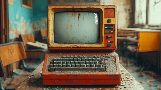 A retro computer from the 1980s sits on a cluttered desk in a nostalgic office environment, evoking a vintage tech workspace vibe