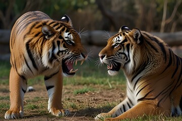 High-intensity stock photo of two tigers fighting in snowy mountains, blood on snow, razor-sharp focus on fur and claws.generative.ai