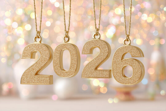 Golden 2026 numbers hanging on strings with warm bokeh lights background
