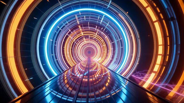 Futuristic digital tunnel with neon lights and symmetrical perspective design representing high-speed data travel, virtual connectivity, and advanced modern technology concepts. - Powered by Adobe