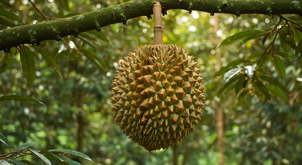 A large durian fruit hanging from a tree, surrounded by lush green leaves, sharp and detailed spiky skin, natural daylight illumination, tropical forest background, fresh and natural atmosphere