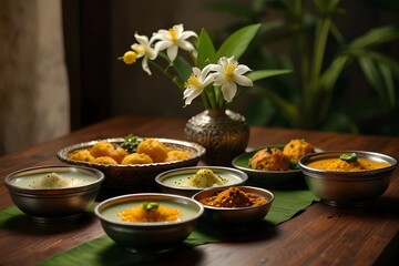 Traditional Ugadi festival sweets and offerings in clay bowls with fresh leaves and flowers.generative.ai